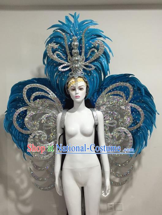 Top Grade Compere Professional Performance Catwalks Blue Feather Wings and Giant Headpiece Big Hair Accessories Decorations, Traditional Brazilian Rio Carnival Samba Opening Dance Suits Modern Fancywork Clothing for Women