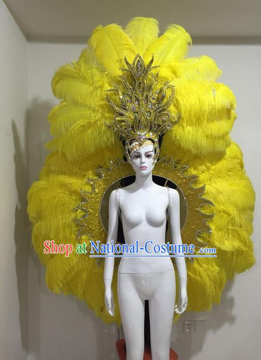 Top Grade Compere Professional Performance Catwalks Yellow Feather Wings and Headpiece Hair Accessories Decorations, Traditional Brazilian Rio Carnival Samba Opening Dance Suits Modern Fancywork Clothing for Women