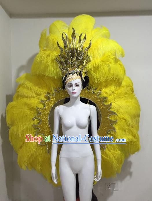 Top Grade Compere Professional Performance Catwalks Yellow Feather Wings and Headpiece Hair Accessories Decorations, Traditional Brazilian Rio Carnival Samba Opening Dance Suits Modern Fancywork Clothing for Women