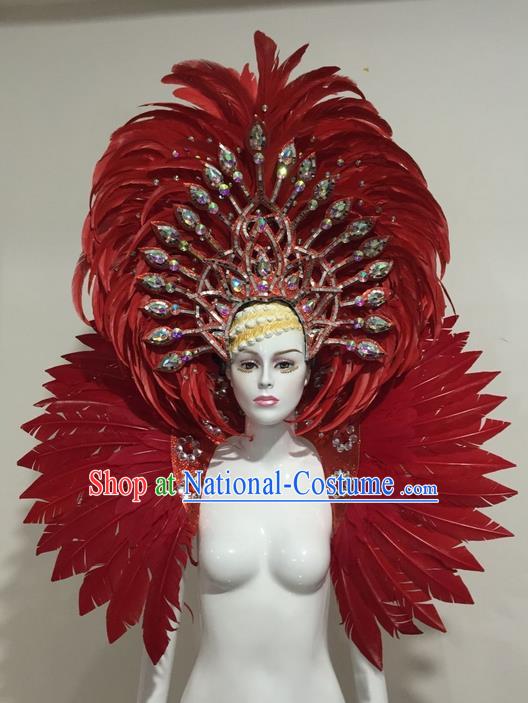 Top Grade Compere Professional Performance Catwalks Red Feather Costume and Headpiece, Traditional Brazilian Rio Carnival Samba Opening Dance Suits Modern Fancywork Clothing for Women