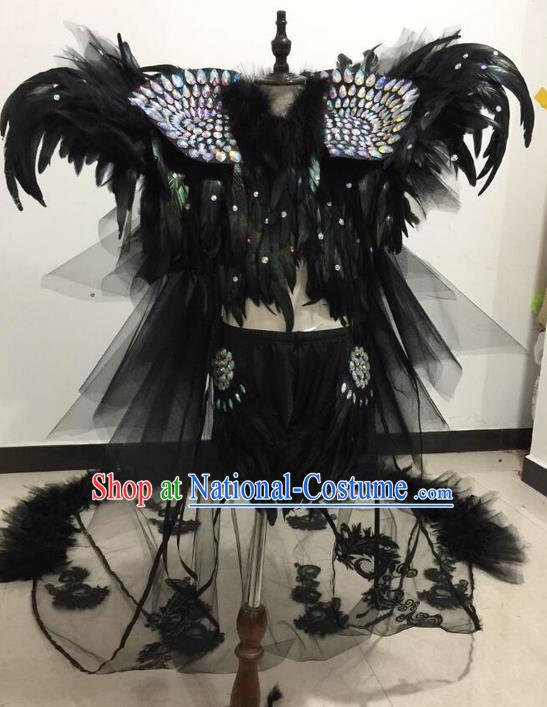 Top Grade Professional Performance Catwalks Swimsuit Black Feather Costume and Headpiece, Children Modern Dance Modern Fancywork Long Trailing Clothing for Kids