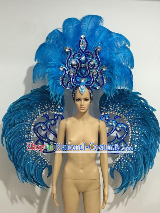 Top Grade Professional Stage Show Catwalks Blue Feather Wings and Headwear, Brazilian Rio Carnival Samba Opening Dance Custom-made Customized Clothing for Women