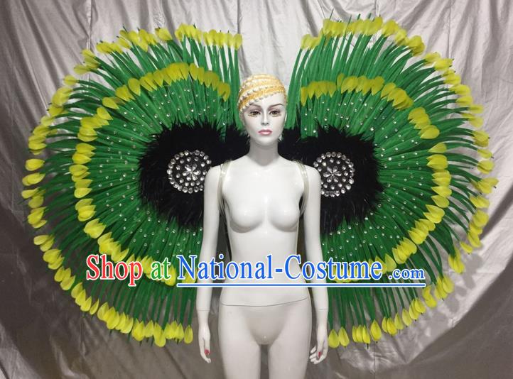 Top Grade Professional Stage Show Catwalks Green Feather Wings, Brazilian Rio Carnival Samba Opening Dance Custom-made Customized Props Clothing for Women