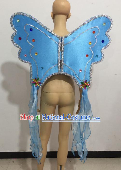 Top Grade Professional Stage Show Catwalks Halloween Blue Butterfly Wings, Brazilian Rio Carnival Samba Opening Dance Custom-made Customized Backboard Accessories Props for Women