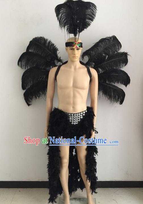 Top Grade Professional Stage Show Catwalks Halloween Black Feather Wings Costumes, Brazilian Rio Carnival Samba Opening Dance Custom-made Customized Swimsuit Clothing for Men