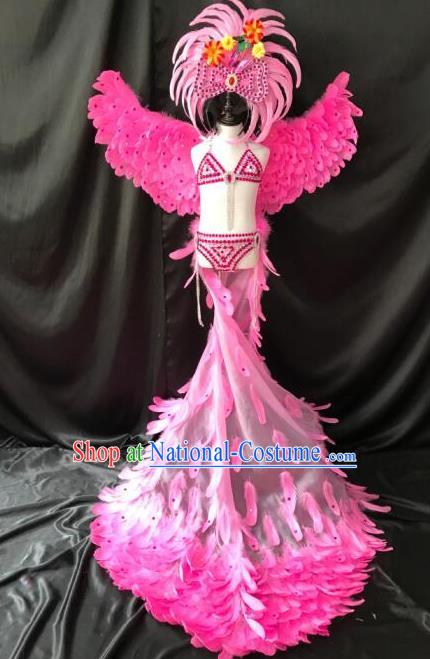 Top Grade Professional Stage Show Catwalks Halloween Wings Pink Feather Bikini Costumes and Headpiece, Brazilian Rio Carnival Samba Opening Dance Modern Fancywork Long Trailing Dress Clothing for Kids