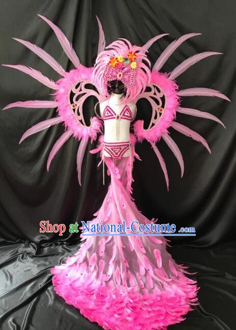 Top Grade Professional Stage Show Catwalks Halloween Wings Pink Long Feather Bikini Costumes and Headpiece, Brazilian Rio Carnival Samba Opening Dance Modern Fancywork Long Trailing Dress Clothing for Kids