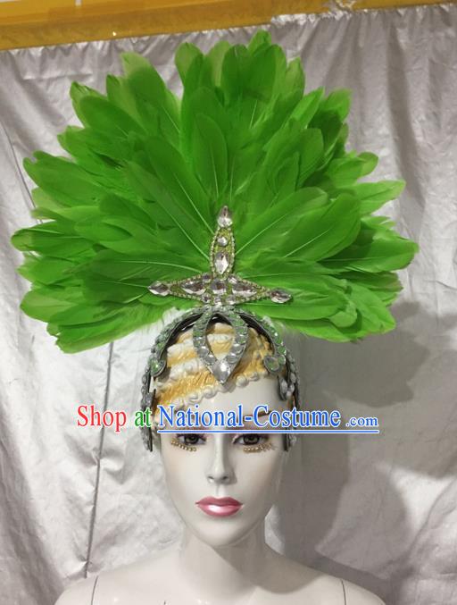 Top Grade Professional Stage Show Catwalks Brazil Crystal Headpiece Hat, Brazilian Rio Carnival Samba Opening Dance Modern Fancywork Green Feather Headwear for Women