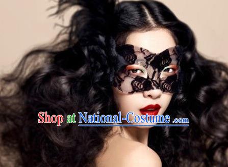 Top Grade Chinese Theatrical Luxury Headdress Ornamental Black Rose Mask, Halloween Fancy Ball Ceremonial Occasions Handmade Lace Face Veil for Women