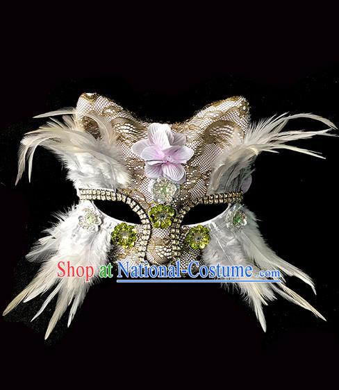 Top Grade Chinese Theatrical Luxury Headdress Ornamental White Cat Mask, Halloween Fancy Ball Ceremonial Occasions Handmade Feather Face Mask for Men