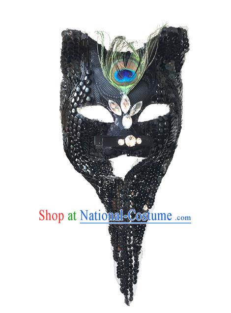 Top Grade Chinese Theatrical Luxury Headdress Ornamental Black Tassel Cat Mask, Halloween Fancy Ball Ceremonial Occasions Handmade Face Mask for Men