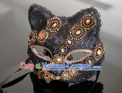 Top Grade Chinese Theatrical Luxury Headdress Ornamental Black Cat Mask, Halloween Fancy Ball Ceremonial Occasions Handmade Crystal Face Mask for Men