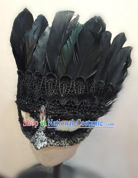 Top Grade Chinese Theatrical Luxury Headdress Ornamental Black Feather Mask, Halloween Fancy Ball Ceremonial Occasions Handmade Lace Face Mask for Men