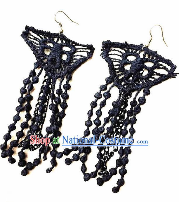 Top Grade Chinese Theatrical Luxury Vintage Earrings, Halloween Fancy Ball Asian Traditional Model Show Black Tassel Eardrop for Women