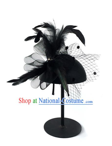 Top Grade Chinese Theatrical Luxury Vintage Hair Accessories Top Hat, Halloween Fancy Ball Asian Traditional Model Show Black Veil Headwear for Women