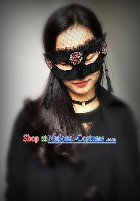 Top Grade Chinese Theatrical Luxury Headdress Ornamental Black Veil Mask, Halloween Fancy Ball Ceremonial Occasions Handmade Face Mask for Women