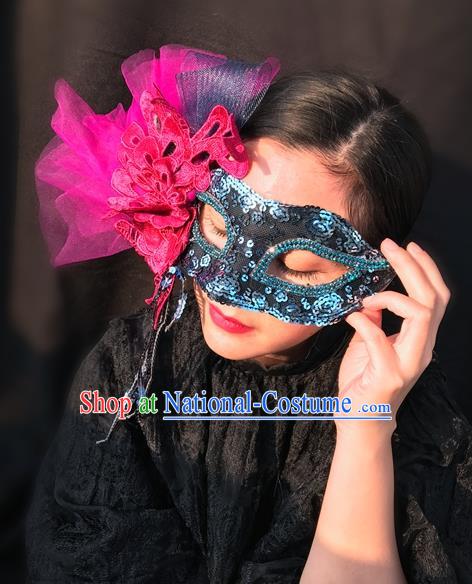 Top Grade Chinese Theatrical Luxury Headdress Ornamental Rosy Lace Mask, Halloween Fancy Ball Ceremonial Occasions Handmade Face Mask for Women