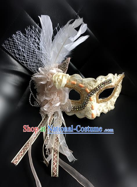 Top Grade Chinese Theatrical Luxury Headdress Ornamental Beige Lace Mask, Halloween Fancy Ball Ceremonial Occasions Handmade Face Mask for Women