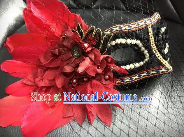 Top Grade Chinese Theatrical Luxury Headdress Ornamental Red Feather Mask, Halloween Fancy Ball Ceremonial Occasions Handmade Witch Veil Face Mask for Women