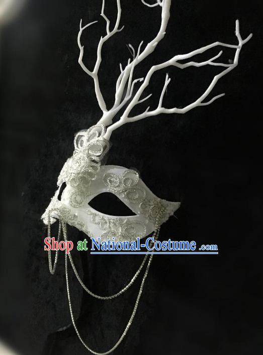 Top Grade Chinese Theatrical Luxury Headdress Ornamental White Lace Mask, Halloween Fancy Ball Ceremonial Occasions Handmade Branch Face Mask for Women