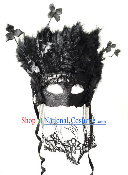 Top Grade Chinese Theatrical Luxury Headdress Ornamental Black Feather Mask, Halloween Fancy Ball Ceremonial Occasions Handmade Lace Mask Hair Accessories for Women