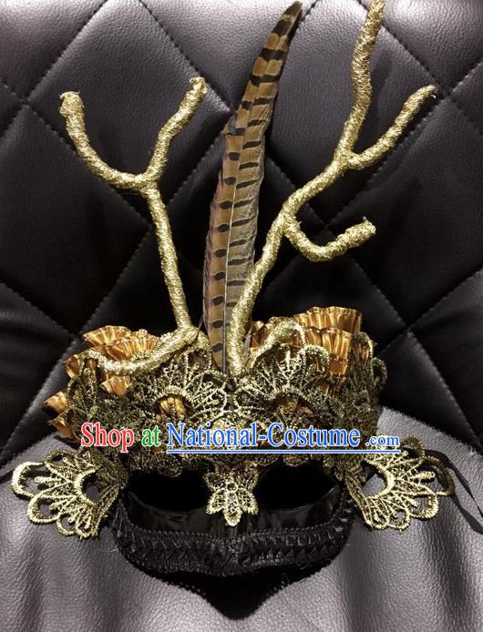 Top Grade Chinese Theatrical Luxury Headdress Ornamental Gilding Lace Mask, Halloween Fancy Ball Ceremonial Occasions Handmade Mask Hair Accessories for Women