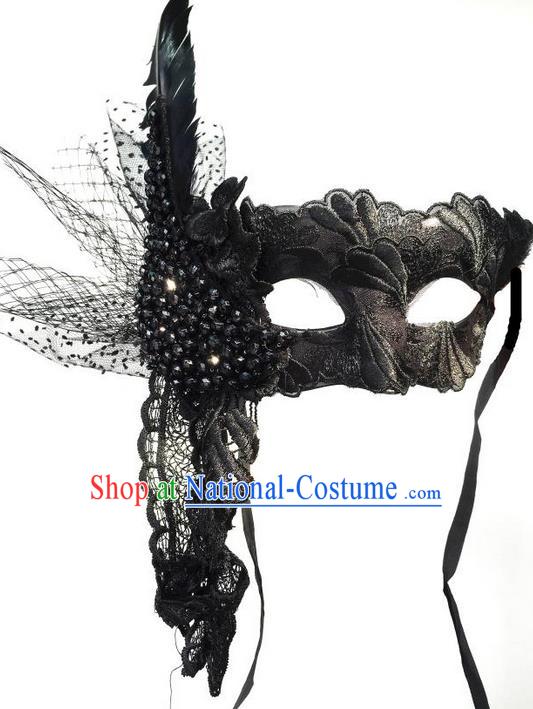 Top Grade Chinese Theatrical Luxury Headdress Ornamental Black Lace Mask, Halloween Fancy Ball Ceremonial Occasions Handmade Feather Mask Hair Accessories for Women