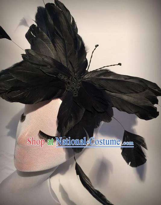 Top Grade Chinese Theatrical Luxury Headdress Ornamental Black Butterfly Hair Clasp, Halloween Fancy Ball Ceremonial Occasions Handmade Feather Hair Accessories for Women