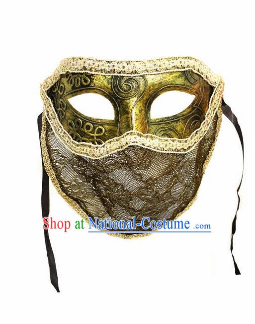 Top Grade Chinese Theatrical Headdress Ornamental Golden Mask, Halloween Fancy Ball Ceremonial Occasions Handmade Punk Face Mask for Men