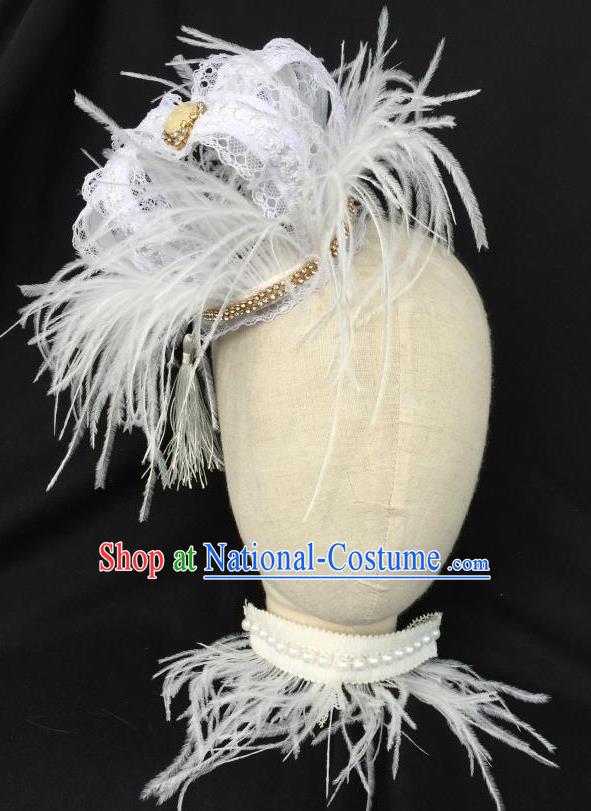 Top Grade Chinese Theatrical Headdress Traditional Ornamental Baroque White Feather Headwear, Brazilian Carnival Halloween Occasions Handmade Vintage Queen Royal Crown for Women