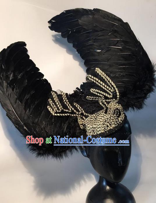 Top Grade Chinese Theatrical Headdress Traditional Ornamental Black Feather Headwear, Brazilian Carnival Halloween Occasions Handmade Deluxe Headpiece for Women