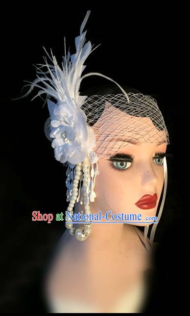 Top Grade Chinese Theatrical Headdress Traditional Ornamental White Feather Headband, Brazilian Carnival Halloween Occasions Handmade Veil Pearl Hair Clasp for Women