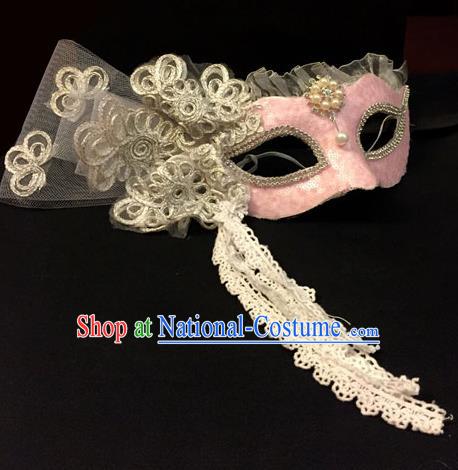 Top Grade Chinese Theatrical Headdress Traditional Ornamental Lace Mask, Brazilian Carnival Halloween Occasions Handmade Miami Pink Mask for Women