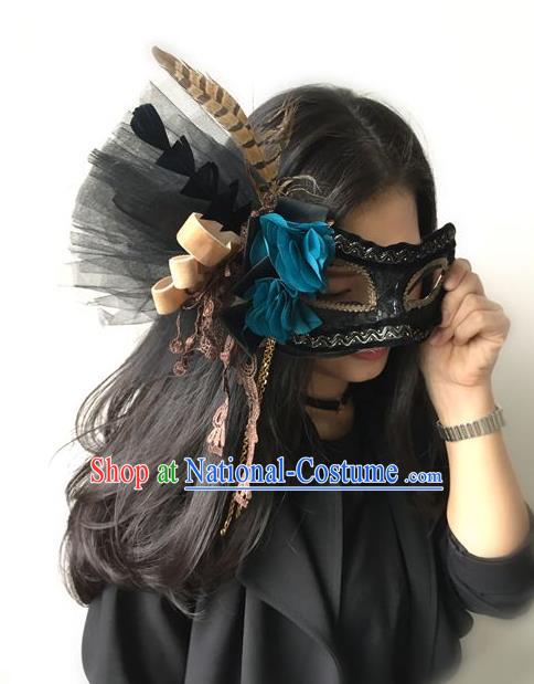 Top Grade Chinese Theatrical Headdress Traditional Ornamental Princess Flowers Black Mask, Brazilian Carnival Halloween Occasions Handmade Miami Mask for Women