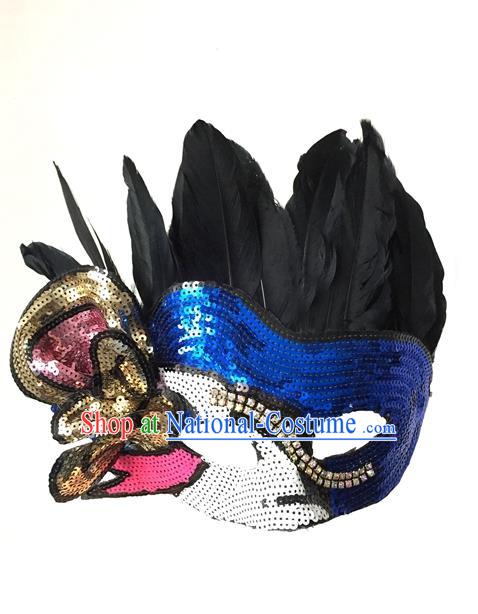 Top Grade Chinese Theatrical Headdress Traditional Ornamental Feather Mask, Brazilian Carnival Halloween Occasions Handmade Vintage Paillette Mask for Men