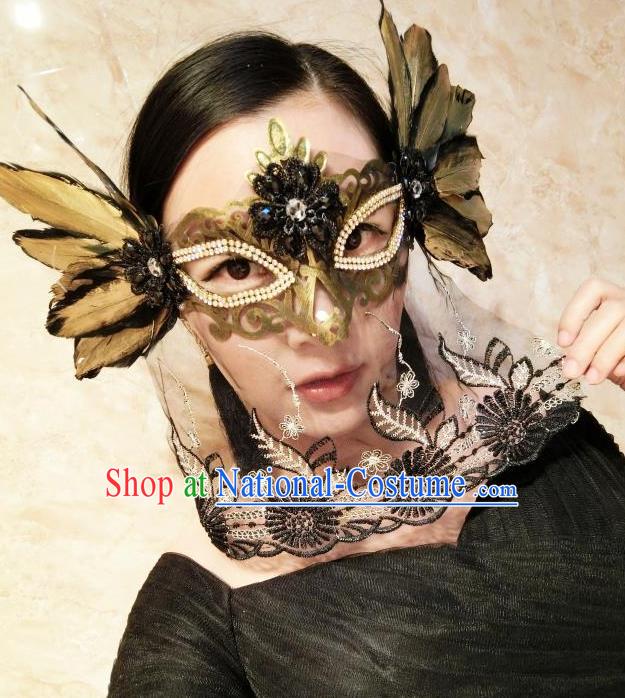 Top Grade Chinese Theatrical Headdress Traditional Ornamental Feather Veil Mask, Brazilian Carnival Halloween Occasions Handmade Bride Black Mask for Women