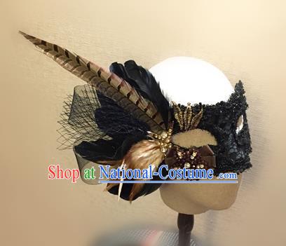 Top Grade Chinese Theatrical Headdress Traditional Ornamental Feather Mask, Brazilian Carnival Halloween Occasions Handmade Vintage Black Lace Mask for Men