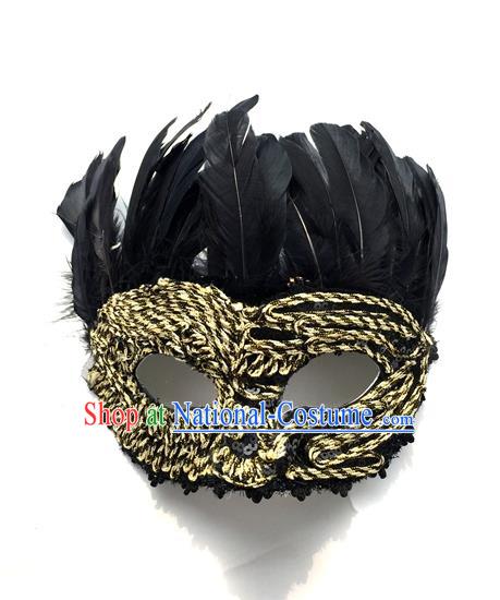 Top Grade Chinese Theatrical Headdress Traditional Ornamental Feather Mask, Brazilian Carnival Halloween Occasions Handmade Vintage Golden Mask for Men