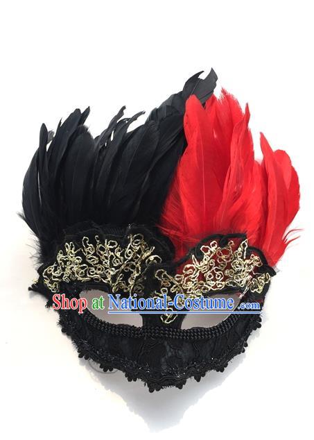 Top Grade Chinese Theatrical Headdress Traditional Ornamental Feather Mask, Brazilian Carnival Halloween Occasions Handmade Vintage Black Mask for Men