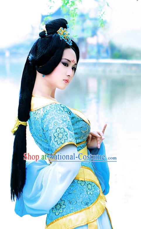 Traditional Ancient Chinese Young Lady Princess Blue Dance Costume, Chinese Han Dynasty Noble Lady Fairy Water Sleeve Dress Hanfu Clothing for Women