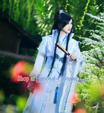 Traditional Ancient Chinese Nobility Childe Blue Costume, Chinese Han Dynasty Noble Prince Robes Hanfu Clothing for Men