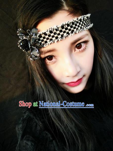 Top Grade Chinese Theatrical Traditional Ornamental Black Hair Clasp, Brazilian Carnival Halloween Occasions Handmade Bride Vintage Headband for Women