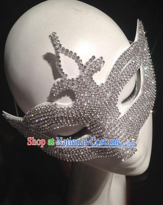 Top Grade Chinese Theatrical Traditional Ornamental Exaggerated Diamante Mask, Halloween Fancy Ball Ceremonial Occasions Handmade Bride Crystal Face Mask for Women