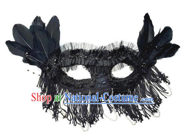 Top Grade Chinese Theatrical Headdress Ornamental Black Lace Mask, Brazilian Carnival Halloween Occasions Handmade Miami Debutante Tassel Mask for Women