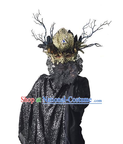 Top Grade Chinese Theatrical Headdress Ornamental Golden Mask, Brazilian Carnival Halloween Occasions Handmade Miami Debutante Mask for Women