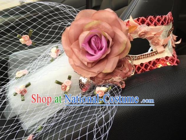 Top Grade Chinese Theatrical Headdress Ornamental Pink Flowers Mask, Asian Traditional Halloween Occasions Handmade Debutante Veil Mask for Women