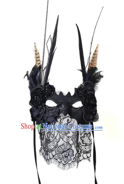 Top Grade Chinese Theatrical Headdress Ornamental Lace Veil Mask, Brazilian Carnival Halloween Occasions Handmade Miami Debutante Black Mask for Women