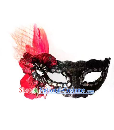 Top Grade Chinese Theatrical Headdress Ornamental Red Feather Mask, Brazilian Carnival Halloween Occasions Handmade Miami Debutante Black Mask for Women