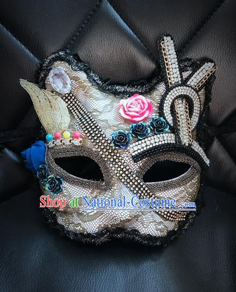 Top Grade Chinese Theatrical Headdress Ornamental Masquerade Mask, Brazilian Carnival Halloween Occasions Handmade Miami Debutante Crystal Cat Mask for Women