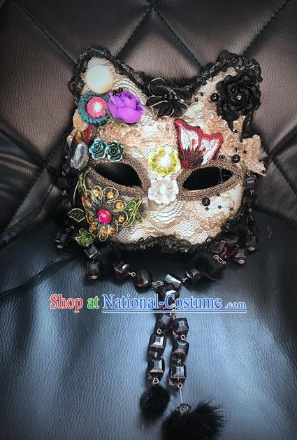 Top Grade Chinese Theatrical Headdress Ornamental Masquerade Lace Mask, Brazilian Carnival Halloween Occasions Handmade Miami Debutante Crystal Cat Mask for Women